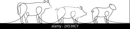 One Line Animals Set. Farm animals one line hand drawing, Vector ...
