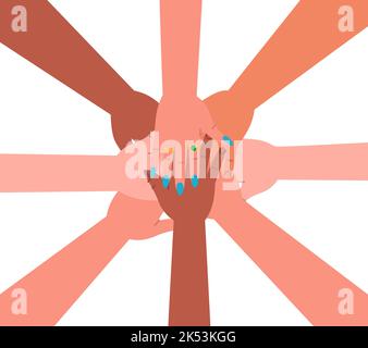 Hands together. Multi-ethnic and diverse hands together. Human hands with different colors. Community, teamwork, friendship, cooperation concept. Stock Vector