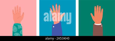 Set of raised hands. Different posters with hands raised up. Vector illustration. Teamwork, collaboration, voting, volunteering. Stock Vector