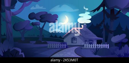 Cartoon country house with glow windows in night forest. Nature scene landscape of forester cottage with smoke from chimney, fence, road, mountains and moon in dark sky. Rural village under moonlight. Stock Vector