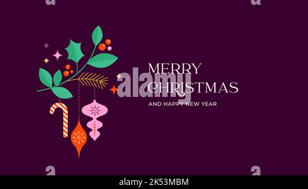 Christmas background with multiple Xmas decorations and winter elements. Colorful vector illustration in flat geometric cartoon style Stock Vector