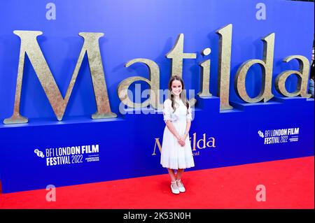 London, UK , 05/10/2022, Alisha Weir arrive at the Roald Dahl’s Matilda the Musical - World Premiere- opening night gala at the Royal Festival Hall, London, UK. - 5th October 2022. Stock Photo