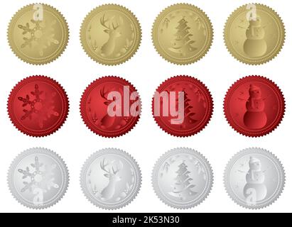 A set of four holiday foil seals each in gold, red, and silver. Snowflake, deer, tree, and snowman Stock Vector