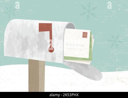 A mailbox and stack of letters for santa in a cut paper style with textures Stock Vector