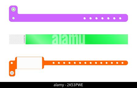 Set of plastic and paper event bracelets. Admission wristband template for concert, festival, cinema, party, carnival, exhibition entrance. Patient identification handband mockup. Vector illustration Stock Vector