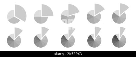 Circles divided in monochrome grey segments from 3 to 12 with one separated fragment. Pie or donut charts. Statistics infographic examples. Round shapes cut in equal slices. Vector flat illustration Stock Vector