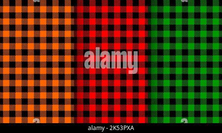 Set of gingham seamless patterns. Halloween or Thanksgiving day background, Christmas buffalo plaid, checkered lumberjack texture. Design for flannel shirt, picnic blanket, kitchen napkin, tweed coat Stock Vector