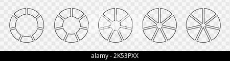 Set of graphic donut or pie charts divided on 7 equal parts. Infographic wheels with seven sections. Circle diagrams or loading bars isolated on transparent background. Vector outline illustration Stock Vector