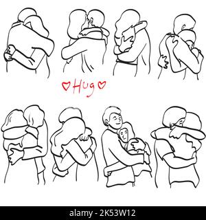 line art set of romantic couple hugging illustration vector hand