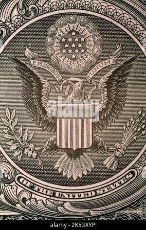 Close-up of details on reverse side of US one dollar bill. Stock Photo