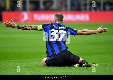 Milan Skriniar of Fc Internazionale reacts during the Champions League Group C football match between FC Internazionale and FCB Barcelona at San Siro Stock Photo