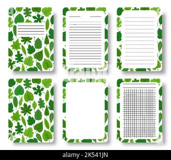Green leaves notebook cover, lined pages set. Summer leaf cute pattern with copy space gridded sheet template for annual notepad brochure copybook diary. Tree foliage planner booklet journal print Stock Vector