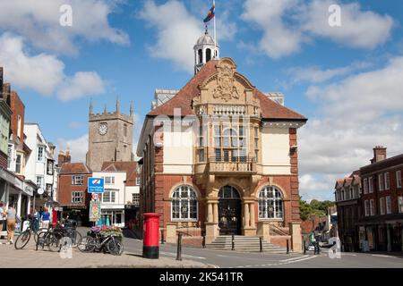 Marlborough market town & the old town hall, Wiltshire, England Stock Photo