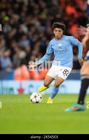 Rico Lewis (82) of Manchester City in action during the UEFA Champions League Group G match between Manchester City and FC Copenhagen at the Etihad Stadium, Manchester on Wednesday 5th October 2022. (Credit: Mike Morese | MI News) Credit: MI News & Sport /Alamy Live News Stock Photo