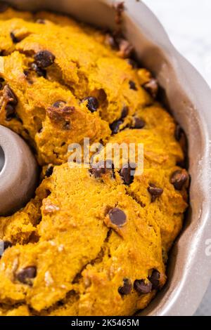 Chocolate pumpkin bundt cake with toffee glaze Stock Photo