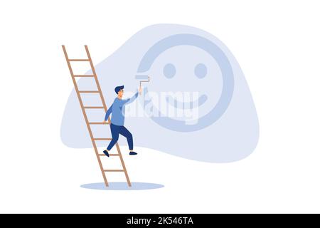 Happiness and positive thinking, optimism or motivation to live happy life concept, happy boy climb up ladder to paint smile face on the wall. Stock Vector