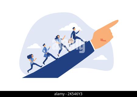 Leadership to lead team members, business direction to achieve goal or target, teamwork to success in work, businessman leader holding winner flag run Stock Vector