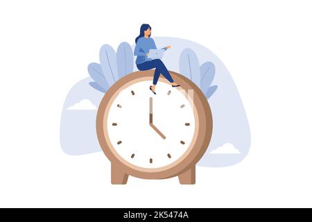 Flexible working hours, work life balance or focus and time management while working from home concept, young lady woman working with laptop while doi Stock Vector
