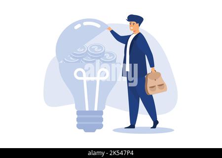 Make money idea, innovation or technology investment or creativity to make profit concept, smart businessman open bright lightbulb idea and found comp Stock Vector