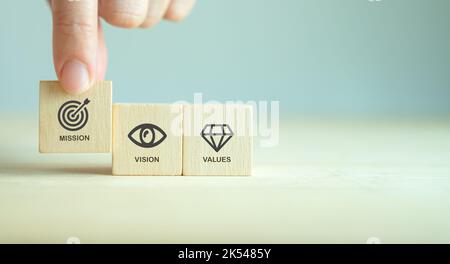 Mission, vision and values of company. Purpose business concept. Hand holds wooden cube with mission symbol and vision, values symbols on grey backgro Stock Photo