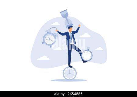 Time management or productivity addiction, work life balance or control work project time and schedule concept, smart businessman balancing all time p Stock Vector