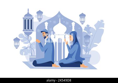 Muslim couple man and his wife are praying together on the night of Ramadan Kareem. Muslim people perform Taraweeh prayer in congregation during Ramad Stock Vector