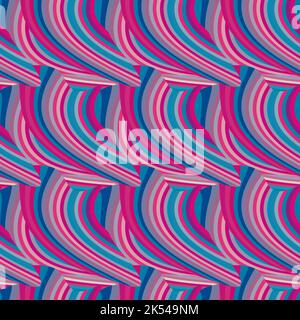 Abstract seamless pattern with violet red and blue curved stripes. Vector art background. CMYK colors Stock Vector