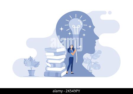 Educational psychology flat person concept with light bulb and head. Teaching techniques for minds intellectual development. Empowering human curiosit Stock Vector