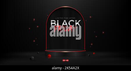 Black friday sale with 3d realistic cylinder pedestal podium, sparkles and 3d glossy balls Stock Vector