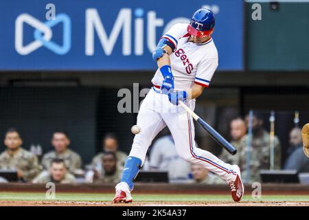 Arlington, United States. 05th Oct, 2022. Texas Rangers first baseman Nathaniel Lowe (30) swings at a pitch during the game between the Texas Rangers and the New York Yankees at Globe Life Field in Arlington, Texas on Wednesday, October 5, 2022. Photo by Matt Pearce/UPI Credit: UPI/Alamy Live News Stock Photo