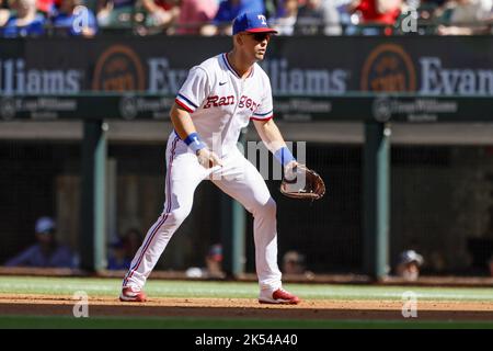Arlington, United States. 05th Oct, 2022. Texas Rangers first baseman Nathaniel Lowe (30) waits for pitch during the game between the Texas Rangers and the New York Yankees at Globe Life Field in Arlington, Texas on Wednesday, October 5, 2022. Photo by Matt Pearce/UPI Credit: UPI/Alamy Live News Stock Photo