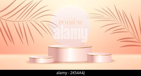 Luxury realistic cylinder pedestal podium with palm leaf shadow with cream and peach color background Stock Vector