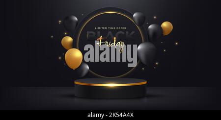 Black friday sale with 3d realistic pedestal podium and flying glossy balloons in dark background luxury display presentation Stock Vector