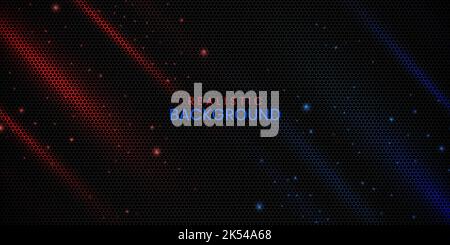 Realistic hexagonal pattern in dark background with red and blue light effect and glitters Stock Vector