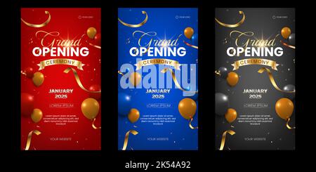 Grand opening luxury banner social media stories collection with golden ribbon and glossy balloons Stock Vector