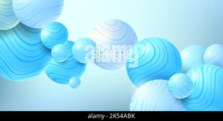 Abstract background with 3d marbled spheres. Modern illustration of balls textured with wavy striped pattern Stock Vector