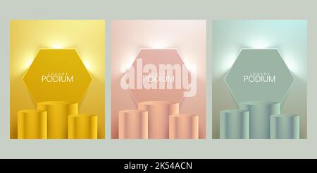 Set of realistic abstract 3d room with steps hexagon stand podium in yellow, blue, pink pastel color Stock Vector