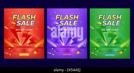 Flash sale online shopping red orange blue green banner with podium for social media post Stock Vector