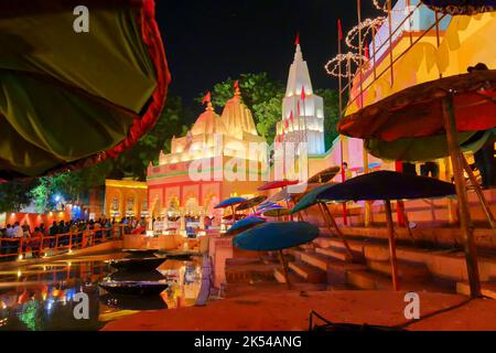 Kolkata, West Bengal, India - October 8th, 2019 : View of Benaras ghat beside river ganga. Night image of decorated Durga Puja pandal, shot at night. Stock Photo