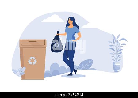 Positive woman throwing out reusable trash. Container, garbage, waste flat vector illustration. Recycling and holiday concept for banner, website desi Stock Vector