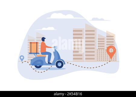 Courier shipping package at moped flat vector illustration. Cartoon service man delivering parcel and using GPS navigation. Order and express delivery Stock Vector