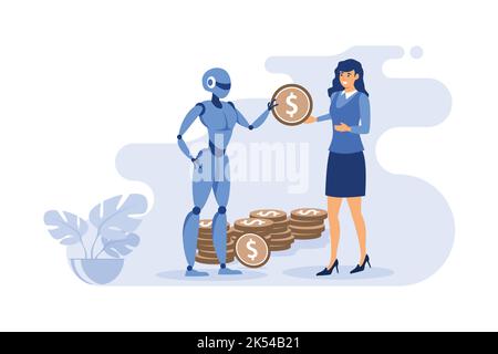 The robot gives a gold coin to the girl. The robot brings profit to the business. Stock Vector