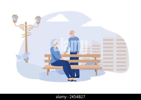 Happy senior couple sitting on bench in park isolated flat vector illustration. Cartoon old characters relaxing together on nature. Family and retirem Stock Vector
