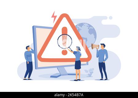 Tiny people examining operating system error warning on web page isolated flat vector illustration. Cartoon mistake and alert on website. Computer dia Stock Vector