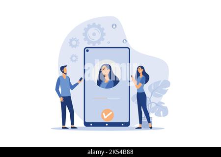 Face recognition and data safety. Mobile phone users getting access to data after biometrical checking. For verification, personal ID access, identifi Stock Vector