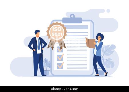Tiny business people passed standard quality control isolated flat vector illustration. Cartoon document standardization industry. ISO system and inte Stock Vector