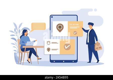 People using online appointment and booking app. Mean and woman planning meeting, setting date in mobile interface. Vector illustration for business, Stock Vector