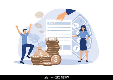 Tiny people getting paper sheet with fine flat vector illustration. Cartoon characters paying traffic bill, municipal tax or parking fee as penalty fr Stock Vector