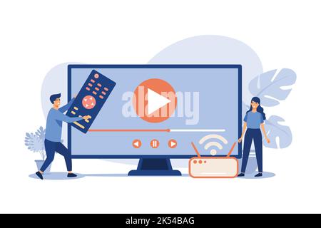 Vector illustration for movie watching, home entertainment concept. Tiny couple watching video on Internet. Man holding remote control, woman standing Stock Vector