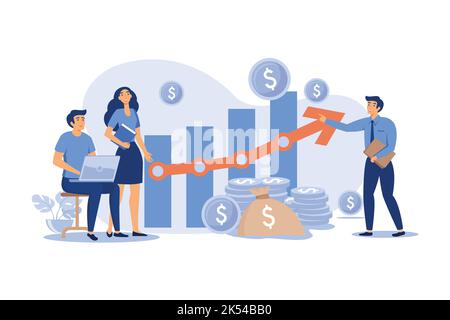 Startup managers presenting and analyzing sales growth chart. Group of workers with heap of cash, rocket, bar diagrams with arrow and heap of money. F Stock Vector